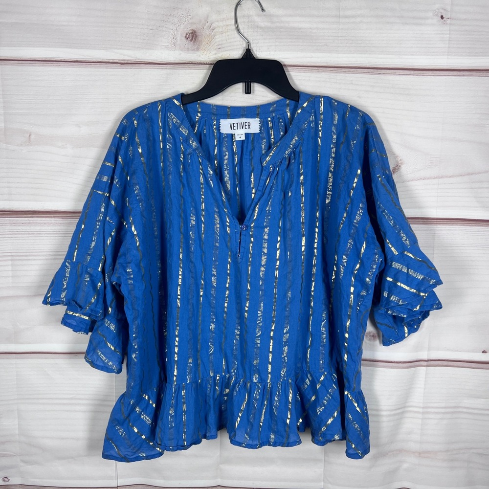 Vetiver Blouse Womens 4 Blue Gold Stripe Ruffle Peplum V-Neck Cotton Relaxed Top